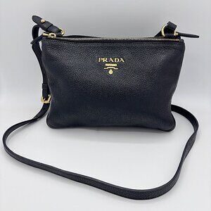 Prada Vitello Phenix Black Calfskin Leather Double Zip Crossbody Women's Bag